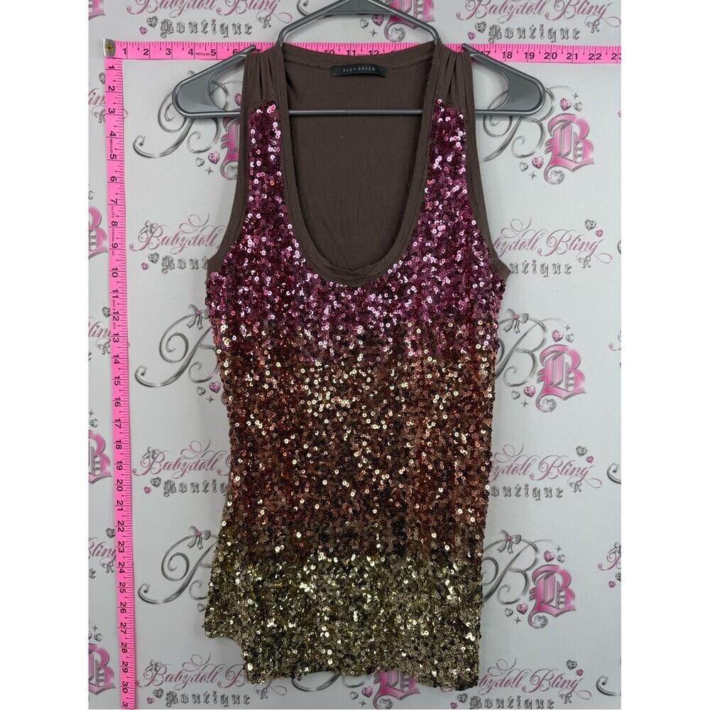 Suzy Shier tank top sequins sparkly ombrรฉ shirt Pink to Gold Sequin Ombre Tank